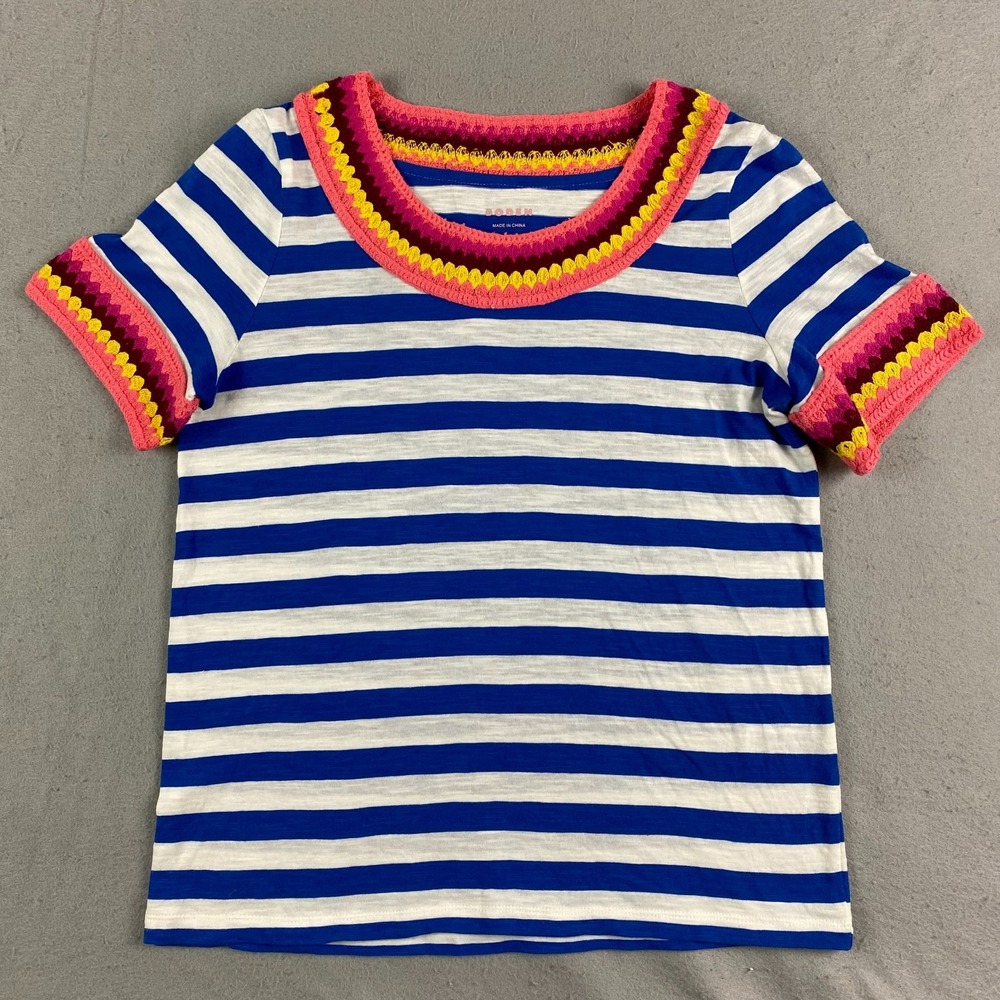 Boden Fae Crochet Trim T-shirt Short Sleeve Striped 100% Cotton Red White Small